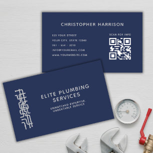 Plumbing Service Water Pipes QR Code Navy Modern Business Card