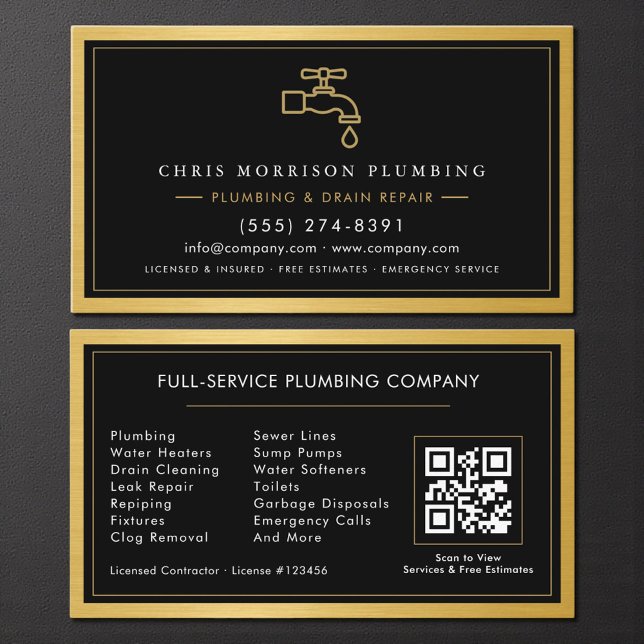 Plumbing Services Black Gold Metallic QR Code Business Card (Creator Uploaded)