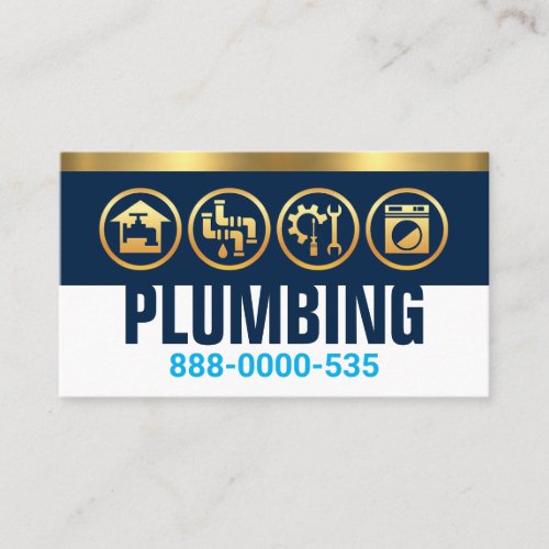 Plumbing Silhouette On Blue Layer Gold Stripe Business Card