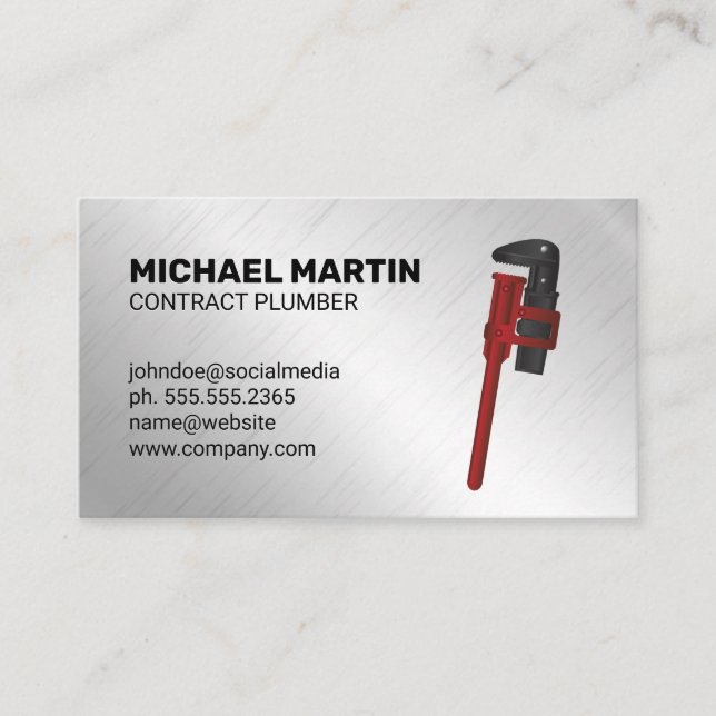 Plumbing Wrench | Aluminum Metallic Background Business Card (Front)