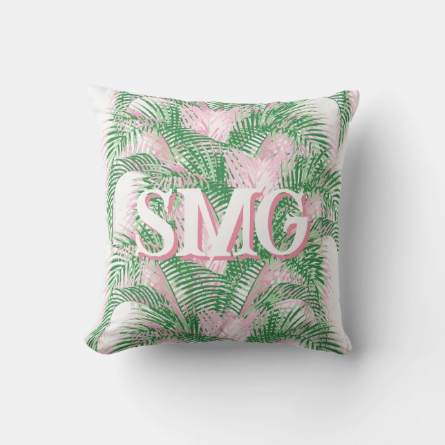 Plume Palm Fronds in Pink + Green Personalized Throw Pillow (Front)