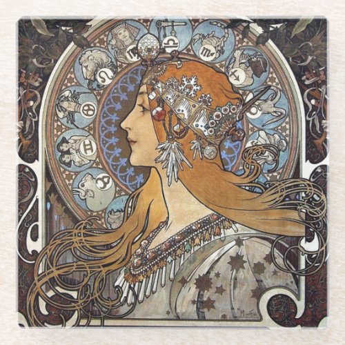 Plume Zodiac Woman by Alphonse Mucha  Art Nouveau Glass Coaster