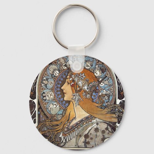 Plume Zodiac Woman by Alphonse Mucha â Art Nouveau Keychain