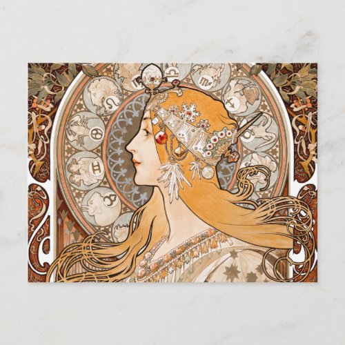 Plume Zodiac Woman by Alphonse Mucha  Art Nouveau Postcard