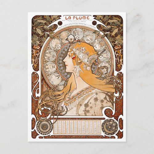 Plume Zodiac Woman by Alphonse Mucha  Art Nouveau Postcard