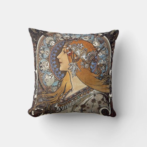 Plume Zodiac Woman by Alphonse Mucha  Art Nouveau Throw Pillow