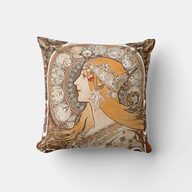 Plume Zodiac Woman by Alphonse Mucha – Art Nouveau Throw Pillow (Front)