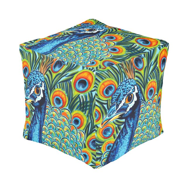 Plumed Peacock I Pouf (Angled Front)