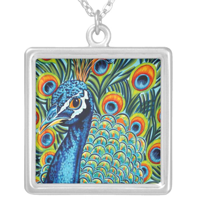 Plumed Peacock I Silver Plated Necklace (Front)