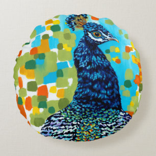 Plumed Peacock II Round Pillow