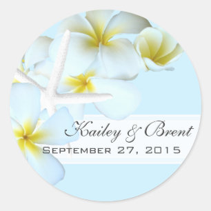 Plumeria and Starfish, Blue Round Favor Label