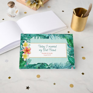 Plumeria and Tropical Green Leaves Wedding Guest Book