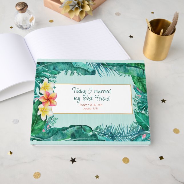 Plumeria and Tropical Green Leaves Wedding Guest Book (Front Open)