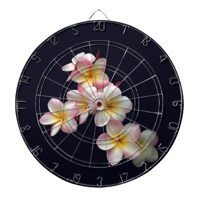 Plumeria blossoms on dark blue dart board (Front)