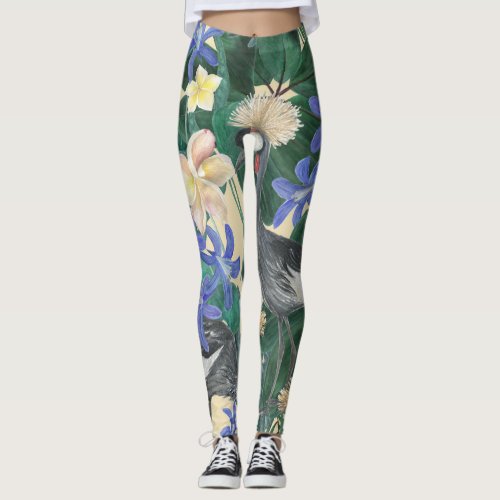 Plumeria Blue Flowers Watercolor Seamless Leggings