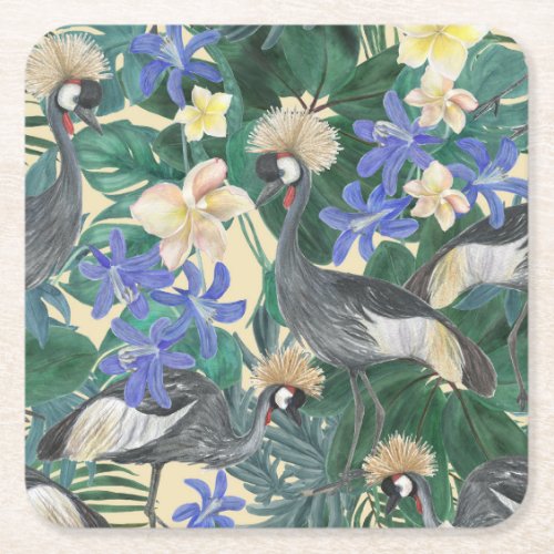 Plumeria Blue Flowers Watercolor Seamless Square Paper Coaster