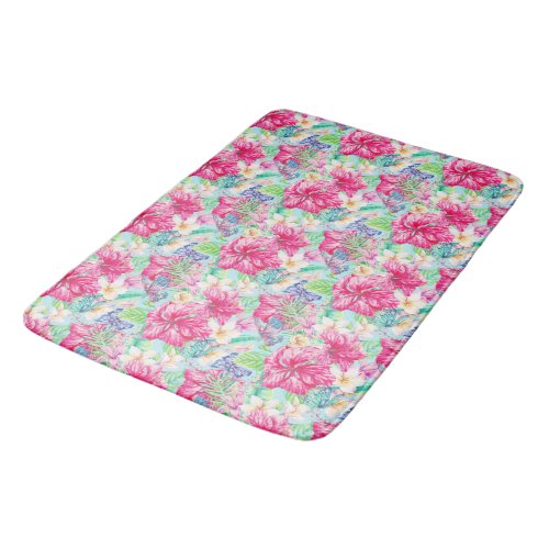 Plumeria Chinese Hibiscus Foliage Butterflies Bath Mat