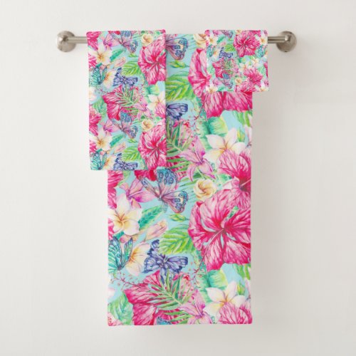 Plumeria Chinese Hibiscus Foliage Butterflies Bath Towel Set