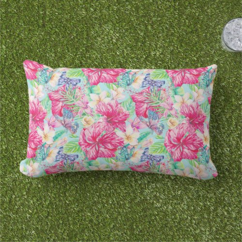 Plumeria Chinese Hibiscus Foliage Butterflies  Lumbar Pillow