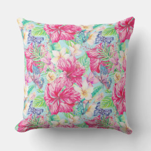 Plumeria Chinese Hibiscus Foliage Butterflies Outdoor Pillow