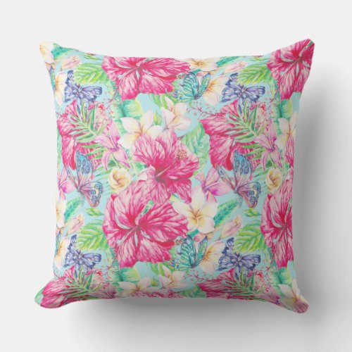 Plumeria Chinese Hibiscus Foliage Butterflies  Outdoor Pillow