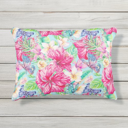 Plumeria Chinese Hibiscus Foliage Butterflies   Outdoor Pillow