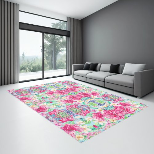 Plumeria Chinese Hibiscus Foliage Butterflies Rug