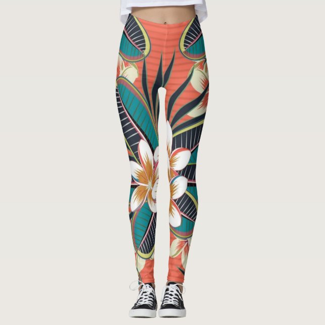 Plumeria Flowers Blue Beige Green Colors Leggings (Front)
