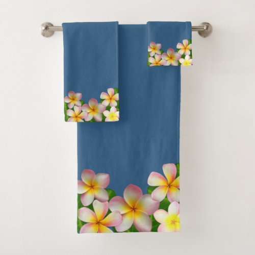 Plumeria Flowers on Award Blue Bath Towel Set