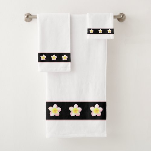 Plumeria Flowers on Black  White Bath Towel Set