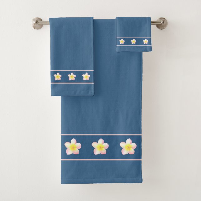 Plumeria Flowers on Blue Bath Towel Set (Insitu)