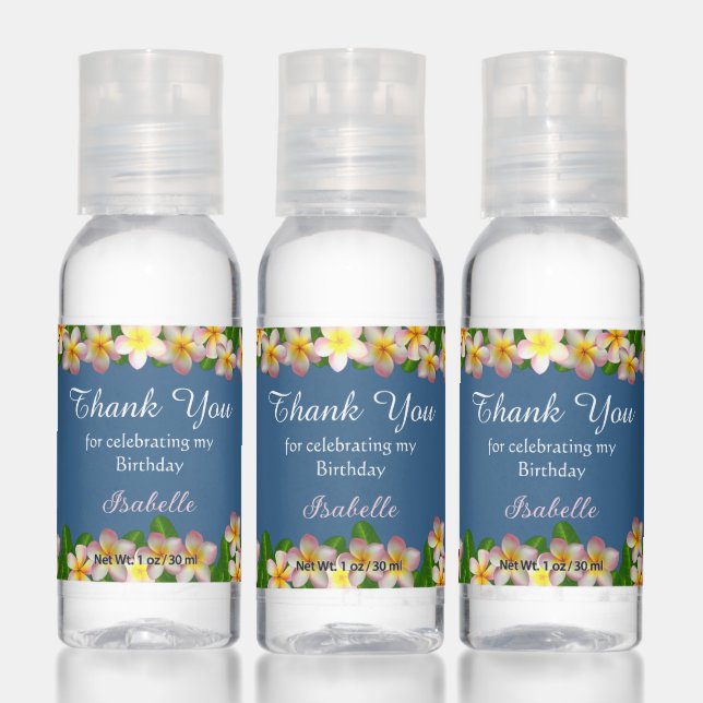 Plumeria Flowers on Blue Thank You Birthday Favor Hand Sanitizer (Set)