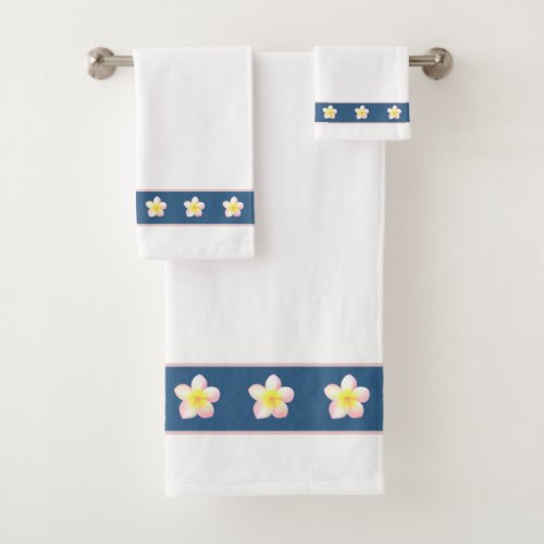 Plumeria Flowers on Blue  White Bath Towel Set