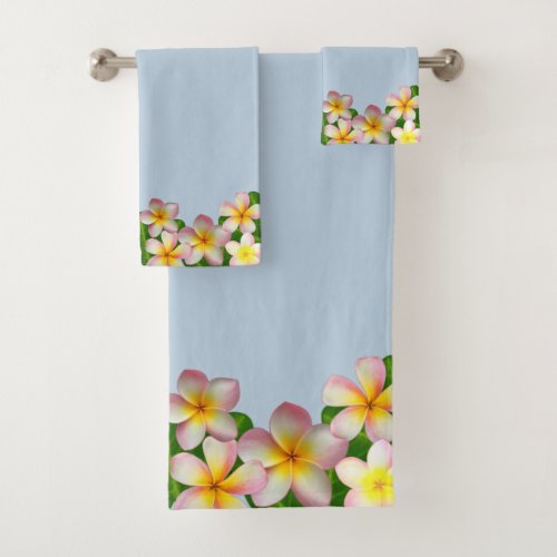 Plumeria Flowers on Light Blue Bath Towel Set