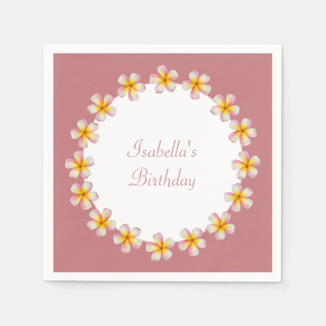 Plumeria Flowers on Rose Gold Birthday Napkins (Front)