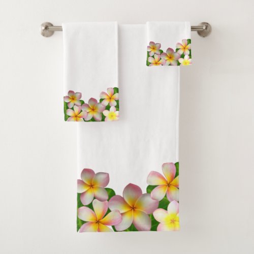 Plumeria Flowers on White Bath Towel Set
