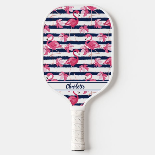 Plumeria Flowers Pink Flamingo Navy Blue Girly Pickleball Paddle (Front)