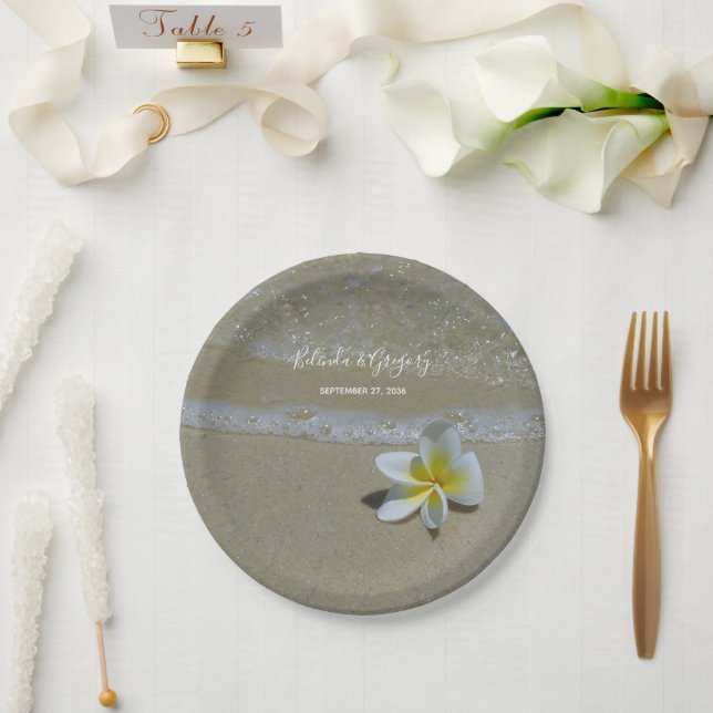 Plumeria Frangipani On Sand Wedding  Paper Plates (Wedding)