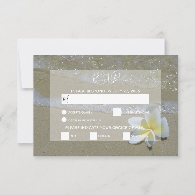 Plumeria Frangipani On Sand Wedding RSVP Cards (Front)