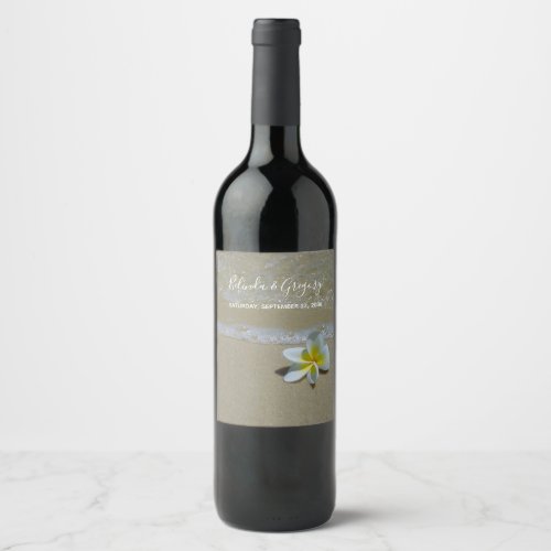 Plumeria Frangipani On Sand Wedding Wine Label