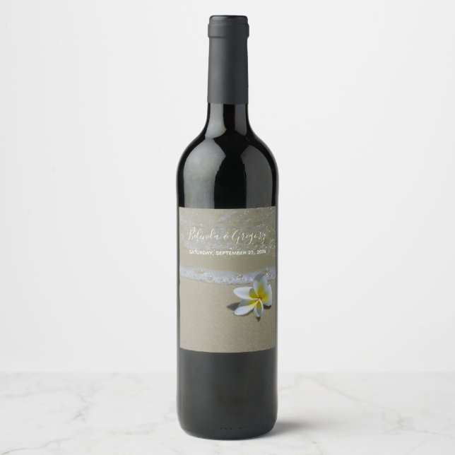 Plumeria Frangipani On Sand Wedding Wine Label (Front)