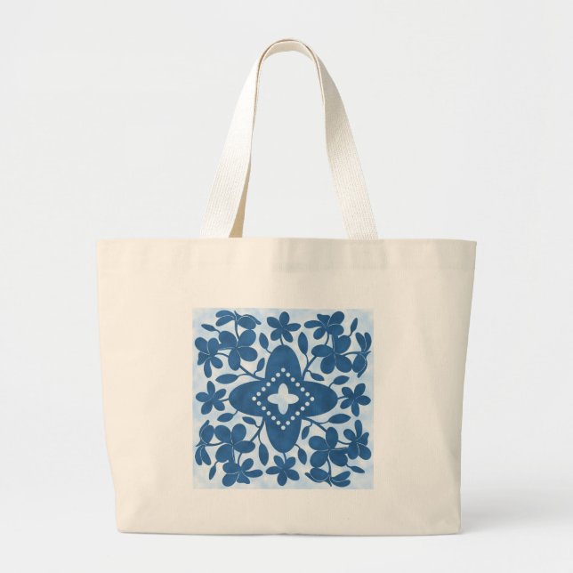 Plumeria Hawaiian Quilt Block Large Tote Bag (Front)