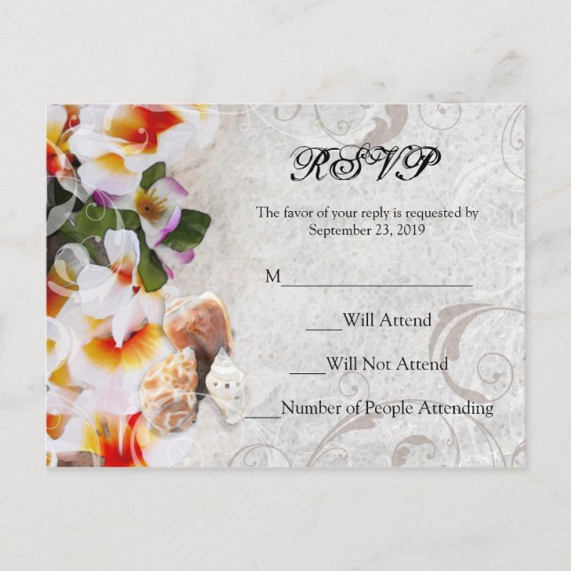Plumeria Orchid Lei in Sand Beach RSVP Postcard (Front)