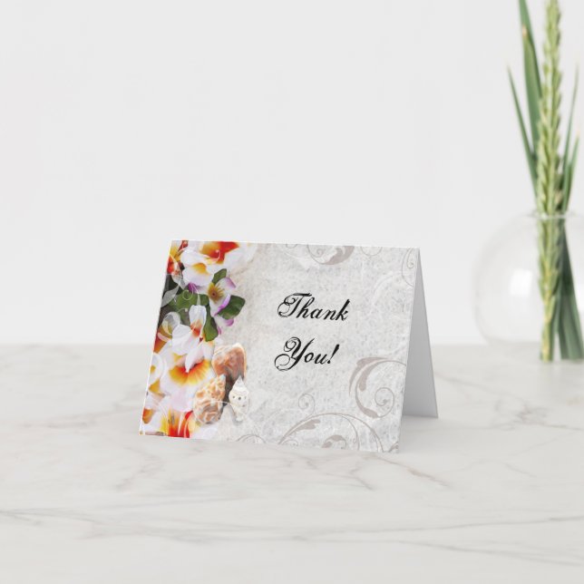 Plumeria Orchid Lei in Sand Beach Thank You Cards (Front)