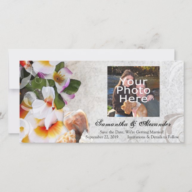 Plumeria Orchid Lei in Sand Photocard Save The Date (Front)