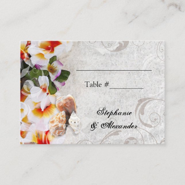 Plumeria Orchid Lei in the Sand Beach PlaceCards (Front)