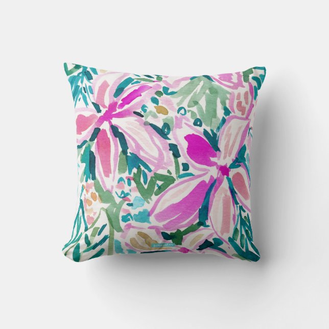 PLUMERIA PARADISE Tropical Floral Watercolor Throw Pillow (Front)