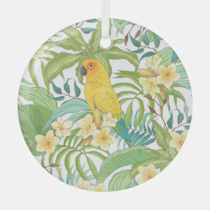 Plumeria, Parrot, Vintage Floral Pattern. Glass Ornament