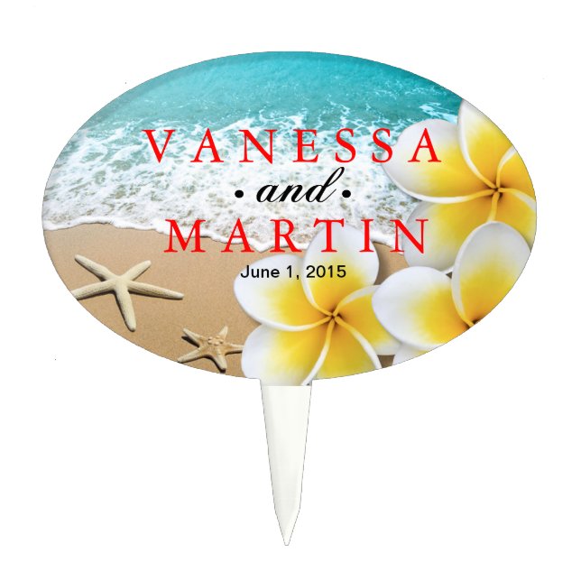 Plumeria Starfish Beach Hawaii Tropical Wedding Cake Topper (Front)