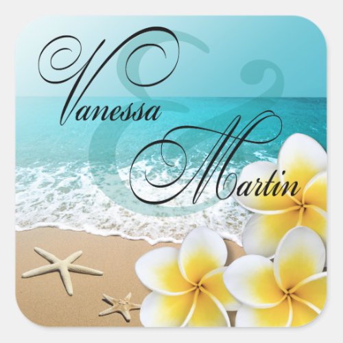 Plumeria Starfish Beach Tropical Hawaii Favor Square Sticker